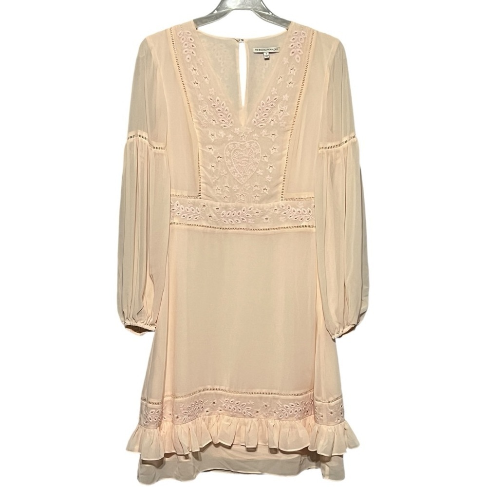 Rebecca Minkoff Ruffle Eyelet Dress Pastel Coral Chiffon Long Sleeve V-neck Midi